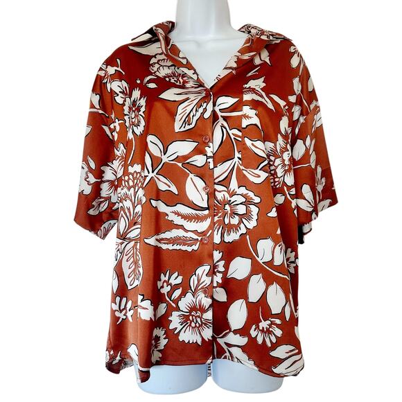 ee:some Women's Short Sleeve Aloha Shirt Floral Clay & White Size Large - Picture 1 of 8